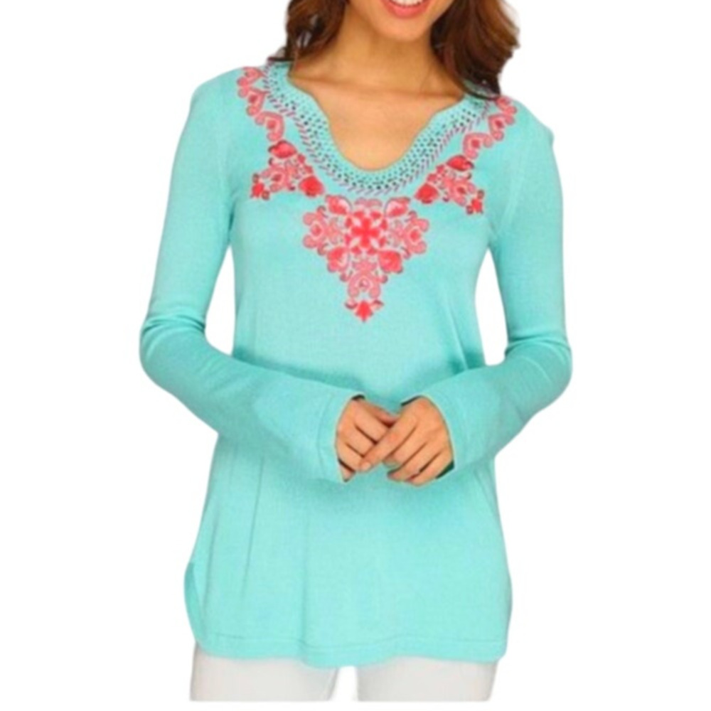 Lilly Pulitzer Teal Pink Tunic Sweater M Sequin Embroidery Crochet Feminine Chic
